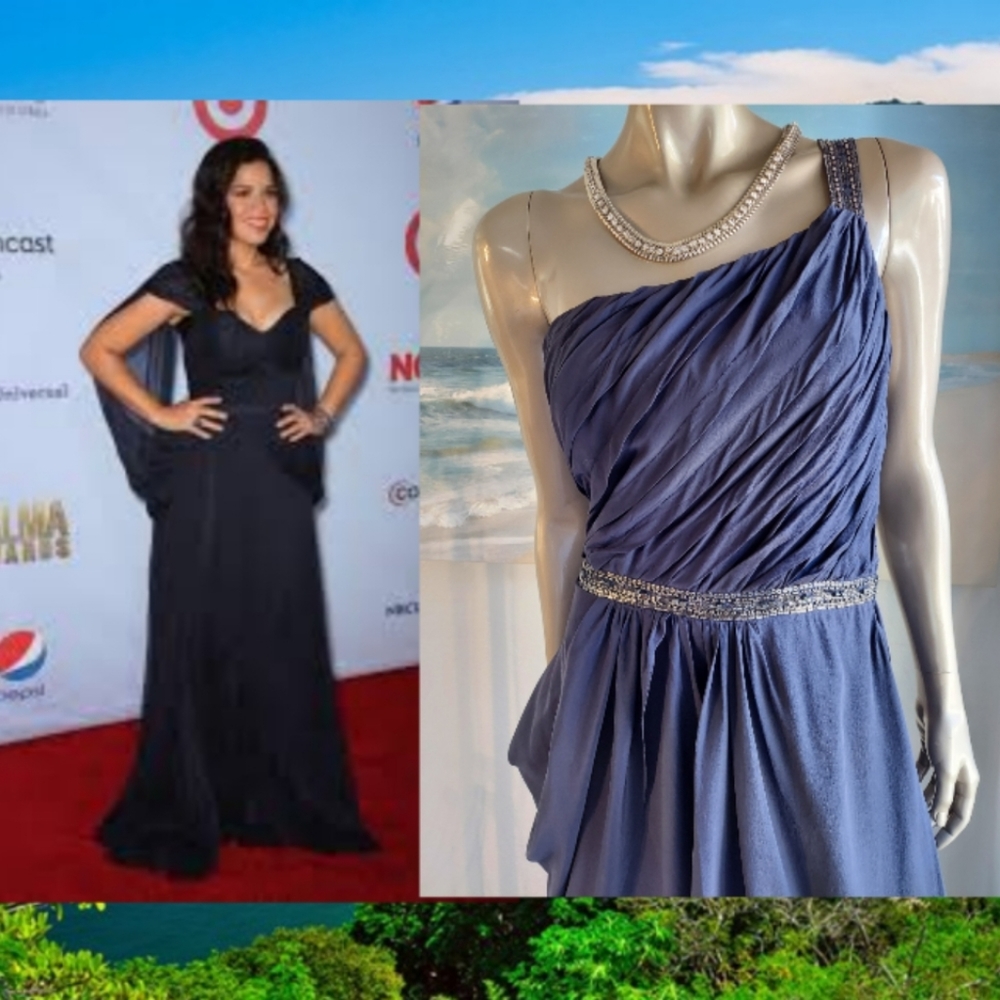 □$1,400 CARLOS MIELE BLUE CRYSTAL BEAD SILK RUNWAY GOWN M L - Picture 4 of 9